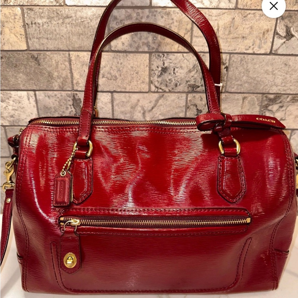 Coach dark Red Patent Leather Satchel with Gold Hardware